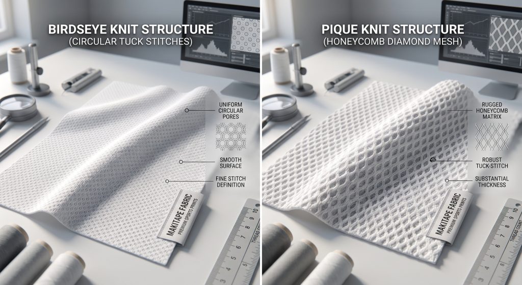 A detailed technical side-by-side product comparison visualization illustrating the physical texture differences between Birdseye knit (left), featuring tiny circular avian eye patterns and smooth profile, and Pique knit (right), showcasing robust alternating diamond mesh and honeycomb texture. Labels like 'CIRCULAR TUCK STITCH' and 'HONEYCOMB DIAMOND MESH' explain the engineering.