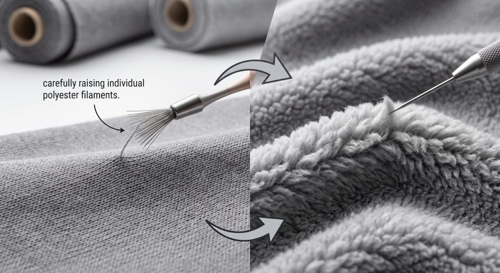 Microscopic view of técnico polyester fleece filaments being carefully raised, comparing flat knit (left) to plush, highly lofted insulating fabric (right) for high-performance activewear.