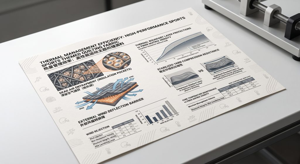 A realistic minimalist photograph of a technical heat management chart printed clearly on textured processing paper. The chart illustrates how high-performance sports themed quilting fabric uses a dense fiber matrix to trap dead air, create a thermal barrier against chill, deflect external wind, prevent core cooling, and utilize factory-stabilized yarns to maintain an efficient insulation profile without adding bulk to the apparel silhouette. It features data visualizations, diagrams of air pockets, comparison graphs, and data tables with English and Simplified Chinese labels, perfect for B2B activewear manufacturing procurement.