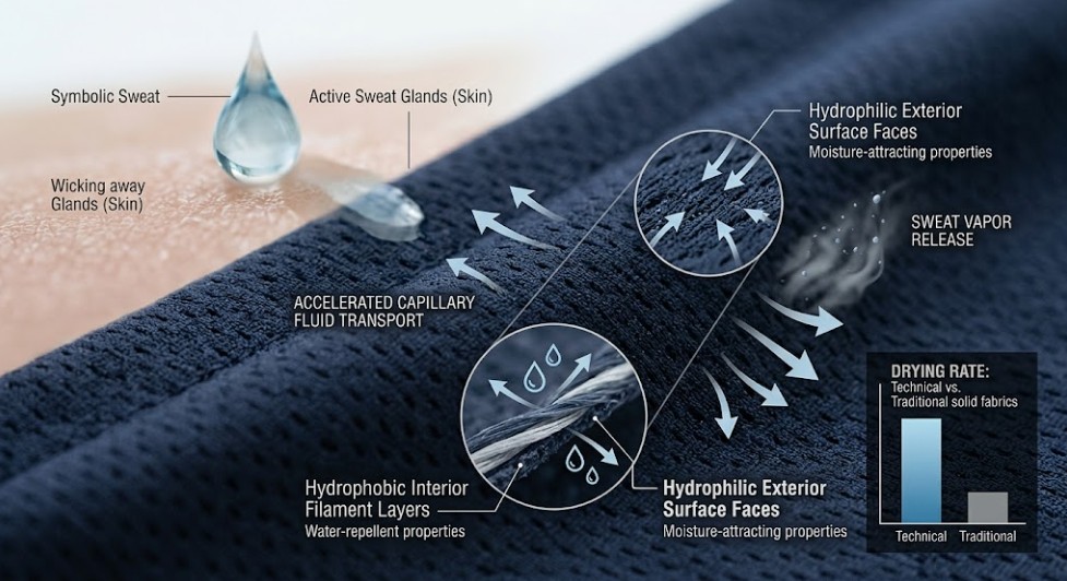 A technical macro photograph visualizes how advanced sports fabric handles sweat vapor. Microscopic labels and arrows illustrate accelerated capillary fluid transport, with hydrophobic interior layers repelling sweat and hydrophilic exterior faces absorbing and evaporating it rapidly. A drying rate comparison graph shows technical fabric outperforming traditional solid material.
