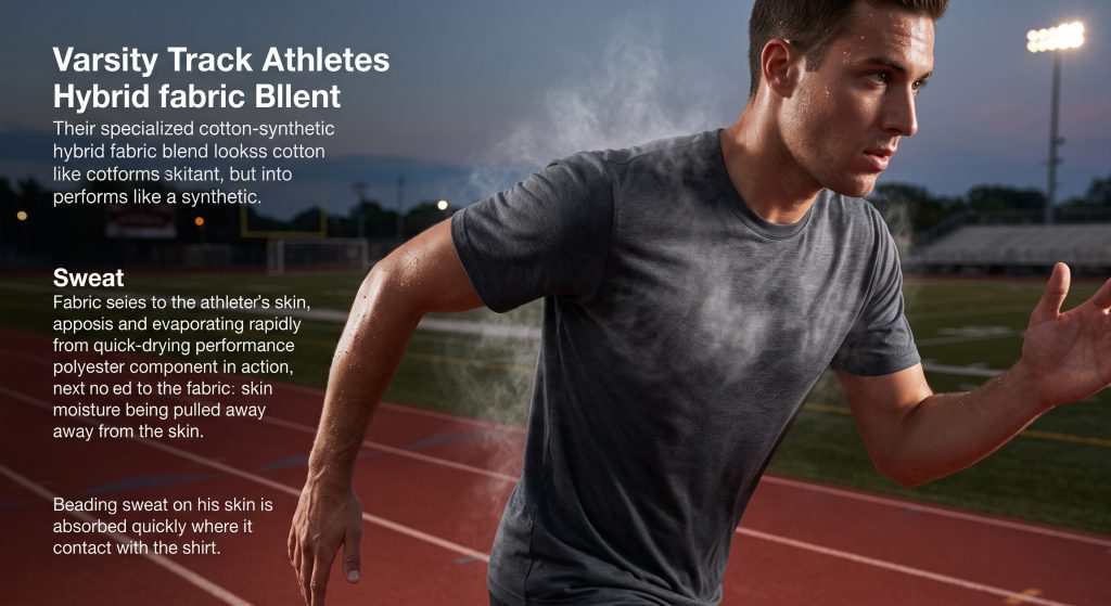 A dynamic action photo focusing on a male varsity runner mid-stride on an outdoor track. The focus is on his dark gray performance t-shirt, made from a specialized sports fabric cotton (hybrid blend), which shows a subtle mist of sweat vapor rapidly evaporating from the outer surface while the layer next to his skin remains comfortable and dry, demonstrating the dual-action moisture-wicking technology.
