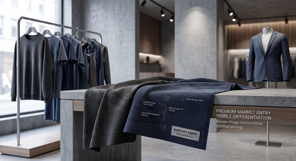 A photorealistic macro close-up visualization of a dimensional technical sports fabric with complex geometric mesh and waffle knit textures in deep charcoal grey and navy blue. Visible in the structure are tiny etched technical labels like ‘BREATHABILITY GRID,’ ‘DIMENSIONAL DESIGN,’ and ‘HIGH PERFORMANCE MATRIX.’ In the background, curated activewear garments made from textured fabrics hang in an upscale retail environment, illustrating how advanced sports fabrics with texture provide visible differentiation and allow emerging brands to break cheap commodities and enter profitable upscale markets by justifying premium pricing and design value. A woven label with the branding 'MAKITAPE FABRIC' is on the material.