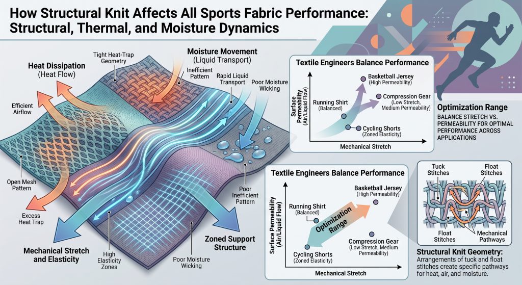 A scientific illustration with macro and micro views showing how structural knit patterns (tuck and float stitches) directly determine airflow, elasticity, and liquid transport in all sports fabric by creating mechanical pathways for heat dissipation and moisture movement, with diagrams balancing mechanical stretch vs. surface permeability for different activewear applications.
