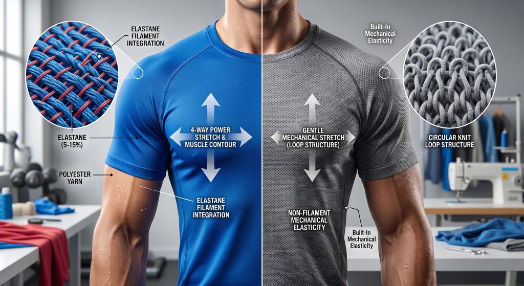 Photorealistic diagram illustrating the two main sources of stretch in sports t-shirt fabric: elastane filament integration for full 4-way movement recovery and circular knit loop structure mechanical elasticity, displayed on a muscular mannequin wearing a split-panel athletic shirt.