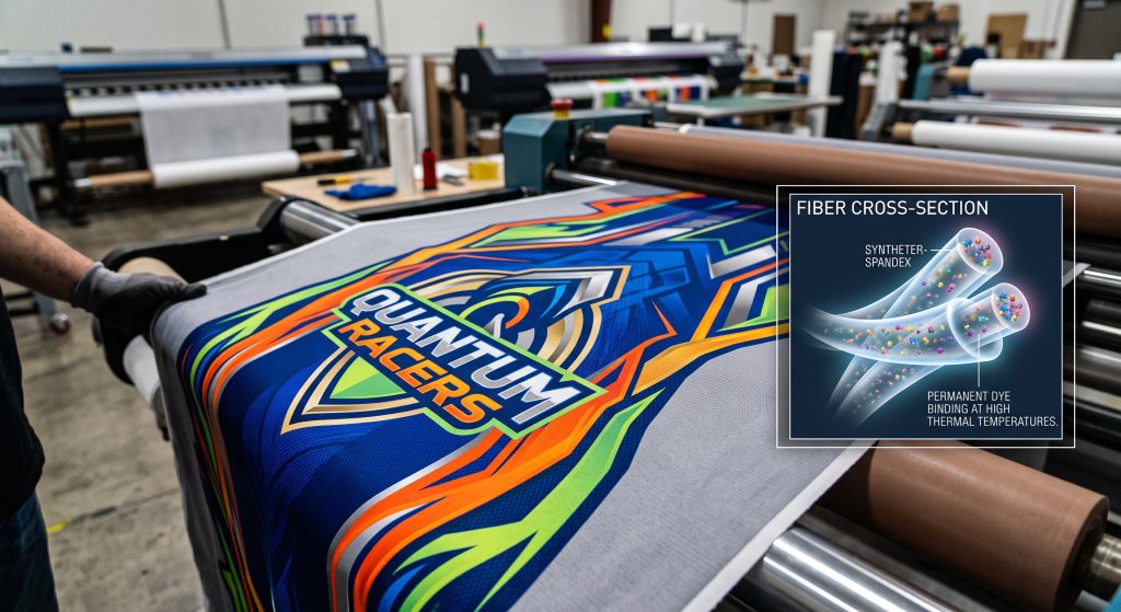 Macro close-up of a vibrant, multi-color custom team graphic for 'Quantum Racers' being sublimation printed onto textured polyester spandex sports fabric in a professional factory. A clear diagram in the foreground shows dye molecules binding to the fiber core.