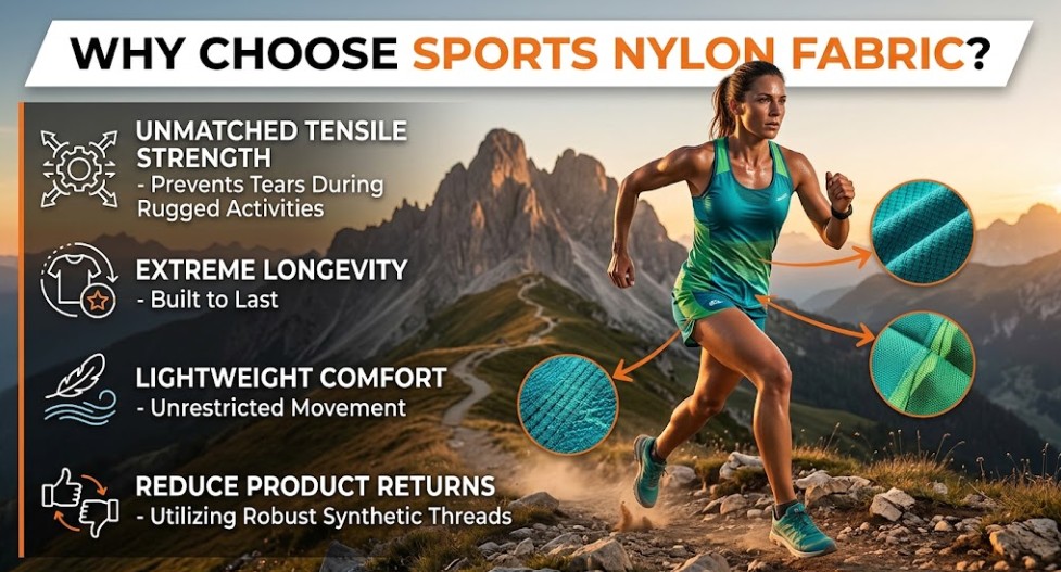 Why Choose Sports Nylon Fabric? An infographic and action shot highlighting unmatched tensile strength, extreme longevity, and lightweight comfort for rugged activities and activewear durability.