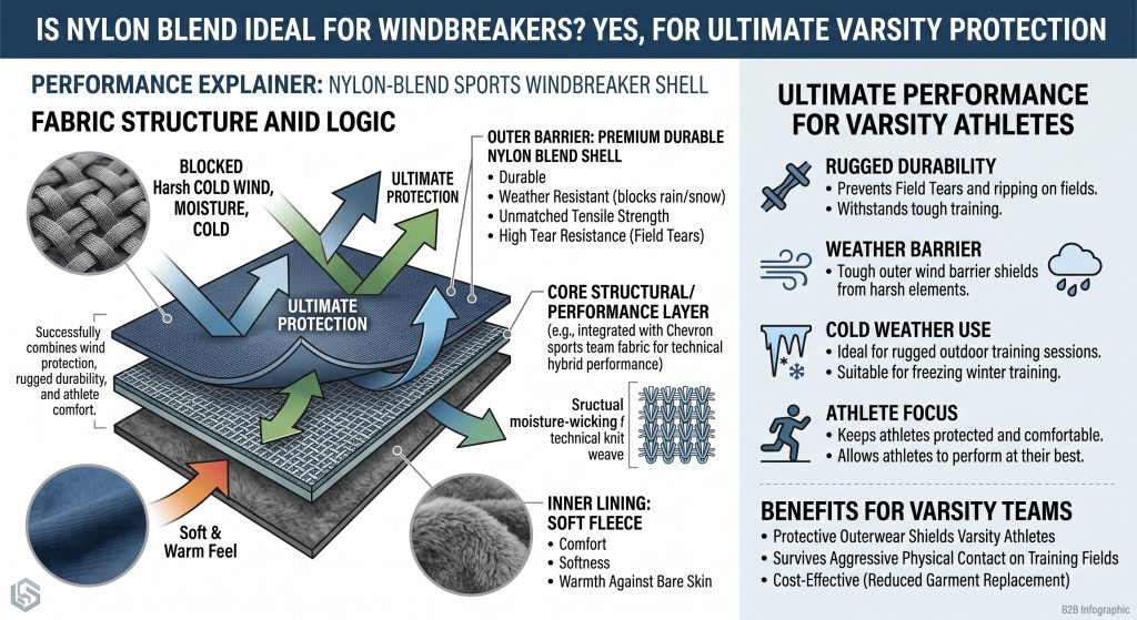 Diagram illustrating the layered structure and performance benefits of a durable nylon-blend sports windbreaker fabric shell for varsity athlete protection during harsh environmental conditions.