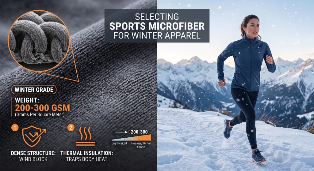 A composite image detailing technical specs of heavyweight 200-300 GSM sports microfiber fabric for winter apparel on the left, with an athlete running comfortably in a snowy landscape on the right.
