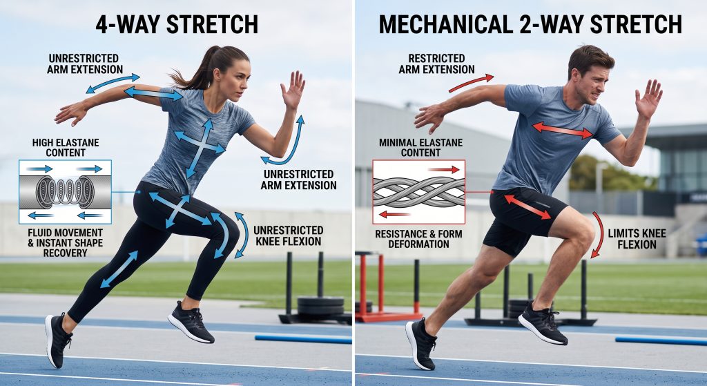 A split-screen illustrative comparison showing a comfortable female runner mid-stride (left) using multi-directional blue arrows on her 4-way stretch fabric for fluid joint movement, and a restricted male runner (right) using only horizontal red arrows on his rigid 2-way stretch fabric to highlight movement limits and discomfort. Insets show fiber structure and shape recovery.