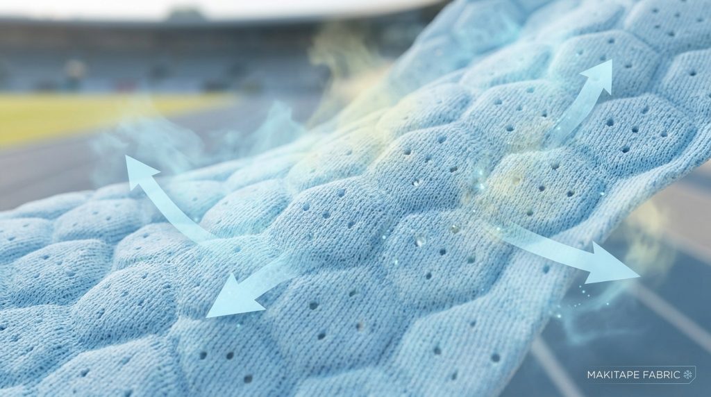 A photorealistic macro-shot of high-performance athletic apparel soft honeycomb pique mesh fabric, showing the intricate hexagonal cell knit structure and precision micro-perforated eyelets. Visual representations of breathability, including soft ice-blue air currents and diffuse vapor plumes, are seen freely passing through the pores, preventing hot air entrapment, with a blurred modern stadium track in the background.