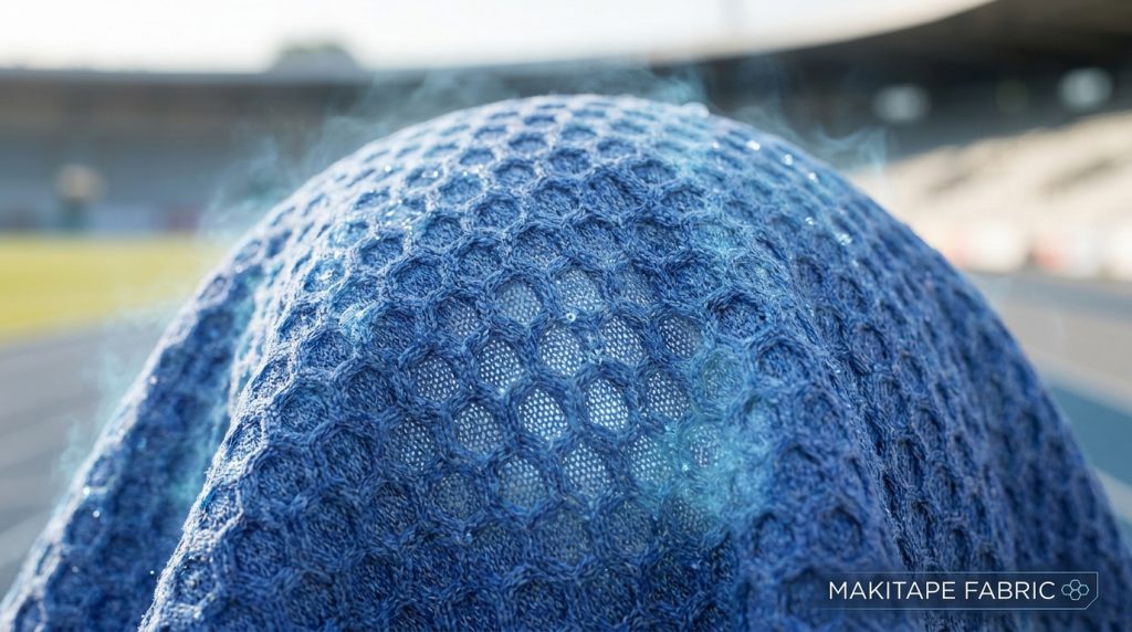 A photorealistic macro-shot of high-performance athletic apparel soft honeycomb pique mesh fabric, showing the intricate raised hexagonal cell knit structure, alternating stitches, and micro-filaments. The fabric is a heathered cobalt blue and displays defined double-knit geometry, with micro-droplets of sweat and visible heat dissipation, implying breathability and softness. Blurred background of a modern stadium.