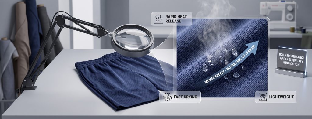 A professional B2B product showcase image illustrating what material is basketball shorts made of. A close-up view of a high-quality navy blue basketball short on a modern studio table, with a magnifying loupe showing a vastly magnified view of the synthetic knit texture. Overlay labels and icons integrated with the magnifying view explain performance benefits: 'RAPID HEAT RELEASE' with heat waves, 'FAST DRYING' with stylized vapor, 'MOVES FREELY - NO PULLING OR TEARING' with dynamic arrows, and a small scale icon for 'LIGHTWEIGHT'. The background includes blurry fabric rolls, a sewing machine, and a small, sleek illuminated B2B sign.