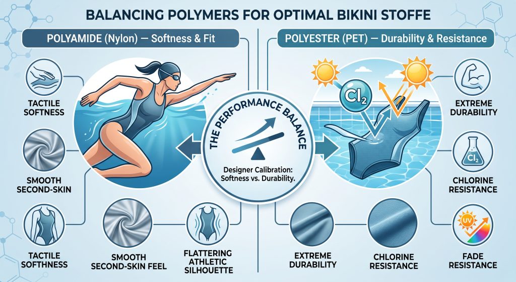 A detailed infographic comparison illustrating how swimsuit fabric manufacturers balance the tactile softness and body contouring properties of Polyamide with the unmatched fade resistance, durability, and chlorine resistance of Polyester for performance swimwear design.