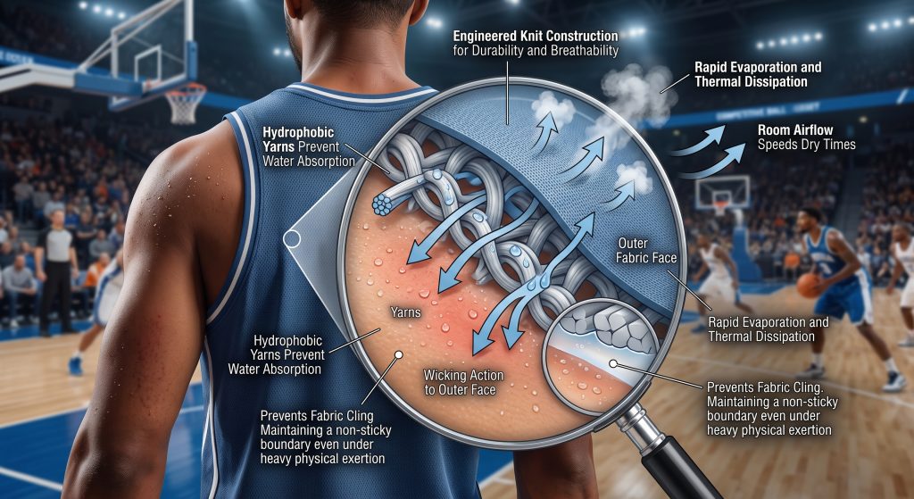 An informative diagram illustrating how engineered basketball jersey cloth performs on-court by wicking perspiration away from the skin. It includes callouts for hydrophobic polyester yarns wicking dampness to the outer face for rapid thermal dissipation, and a detailed cross-section showing non-cling performance between fabric and skin.