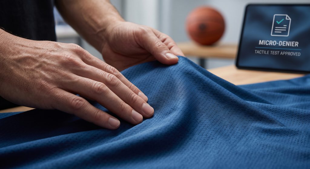Expert hands gently testing the exceptionally soft texture of a micro-denier polyester mesh fabric intended for basketball jerseys, highlighting the importance of skin comfort for athletic performance.