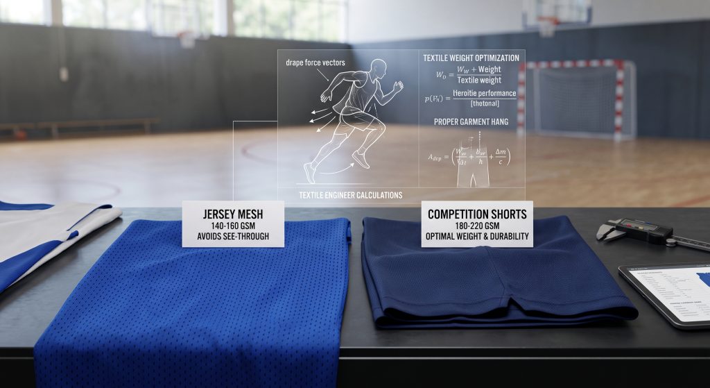 Close-up comparison of two distinct performance polyester fabrics used in basketball uniforms: lightweight jersey mesh and heavier shorts interlock, showing their different weights and uses, with engineering-style performance analysis overlays.