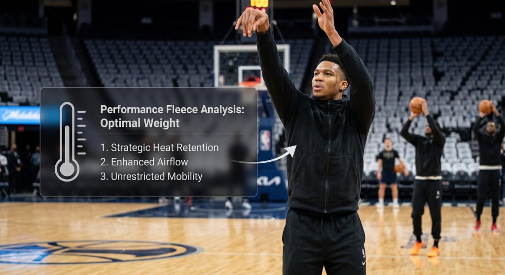 A basketball player actively shooting a basketball while wearing a performance fleece warm-up hoodie, demonstrating full range of motion. An overlay graphic highlights strategic heat retention, enhanced airflow, and unrestricted mobility.