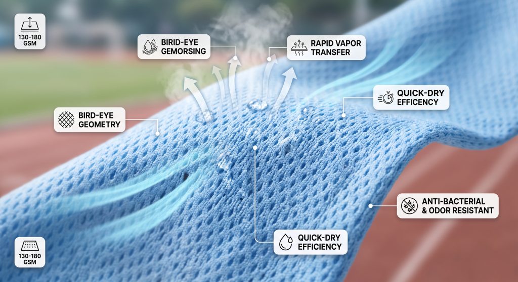 A close-up macro photograph showing light blue bird-eye fabric with its characteristic diamond pattern and micro-perforations. Arrows and vapor lines illustrate sweat drops dispersing and evaporating, demonstrating rapid vapor transfer and quick-dry properties for odor resistance and anti-bacterial function in sportswear.