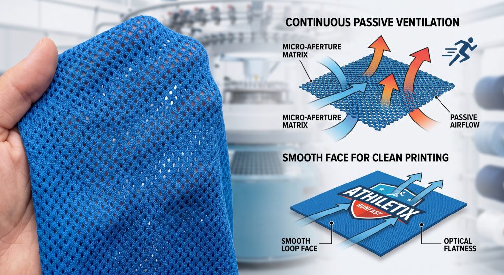 A detailed macro photograph and technical diagram illustrating a blue bird-eye knitted fabric for athleisure. The photo close-up shows the miniature tuck-stitch pores that promote passive ventilation, while the diagram explains the cool and warm air exchange and contrasts the smooth printed face of the fabric.
