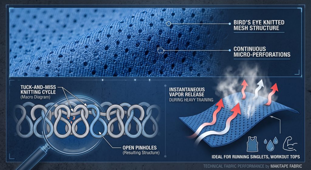 A technical macro illustration and conceptual photograph comparing the tuck-and-miss knitting cycle loop structure with the resulting bird's eye mesh textile surface, showing micro-perforated pinholes that facilitate instantaneous moisture vapor release, suitable for sportswear like running singlets.