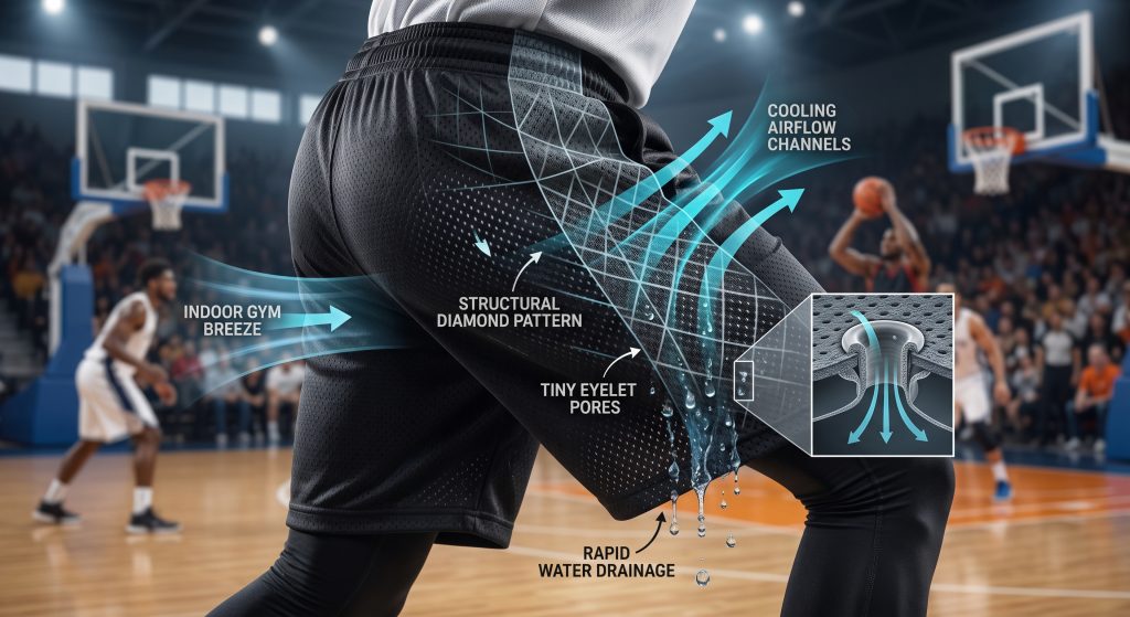 A high-definition, dynamic visualization of how Birdseye mesh knit engineering defines high-performance basketball shorts activewear. A technical diagram superimposes structured black fabric, showcasing the tuck-stitch geometry of tiny eyelets and a distinct diamond pattern. Cyan/blue streams illustrate 'Cooling Airflow Channels' from an 'Indoor Gym Breeze' passing directly through the pores to cool the skin surface. Realistic water droplets (sweat) are actively channeling and dripping, labeled 'Rapid Water Drainage.' The context shows high-intensity play on a blurred indoor court during a summer tournament, illustrating why apparel suppliers prefer this structured, lightweight mesh for athletic activewear.