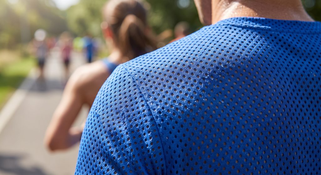 A close-up photograph of a runner wearing a cobalt blue singlet, focusing tightly on the intricate, geometric Birdseye mesh knit pattern that allows for airflow.