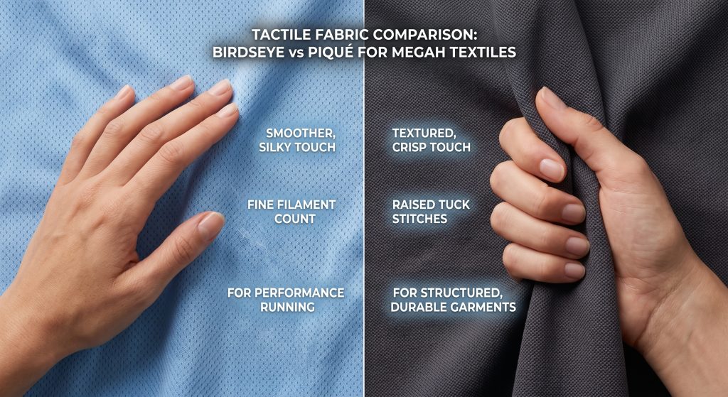 A side-by-side visual comparison of Birdseye mesh and Piqué knit fabrics from Megah Textiles. The smooth, silky texture of Birdseye is contrasted with the textured, crisp structure of Piqué, demonstrating their different hand-feels.