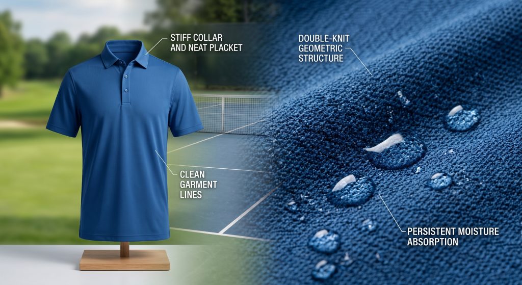 A macro close-up of blue pique knit fabric with a visible geometric honeycomb texture, positioned next to a clean and stiff collar and placket of an athletic polo shirt, illustrating double-knit stiffness and persistent moisture absorption.