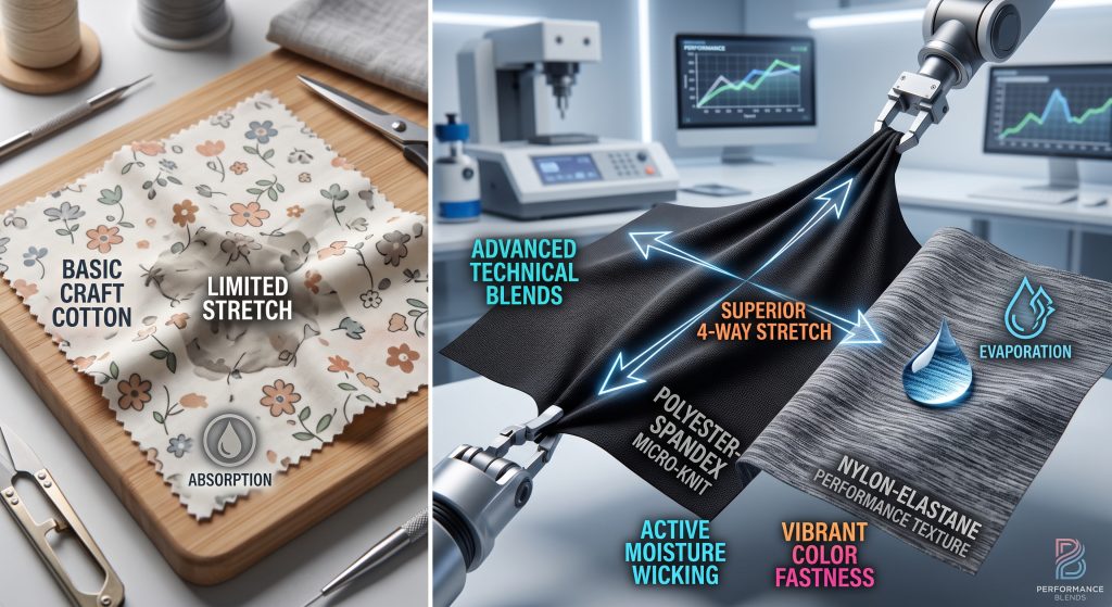 A dynamic comparative infographic in a textile lab showing a basic craft cotton swatch on the left and specialized polyester spandex and nylon elastane performance blends on the right. Overlays highlight performance benefits like 4-way stretch and moisture wicking on the technical fabrics, contrasting with limited stretch and absorption on the basic material.