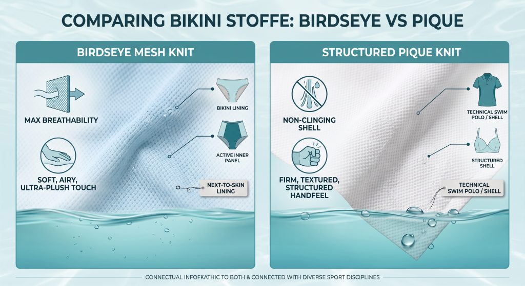 An infographic diagram comparing the visual textures, physical 'hand', and functional applications of two types of bikini stoffe (swimwear fabrics). The left panel shows soft, airy birdseye mesh knit with diamond patterns, used as soft next-to-skin linings. The right panel shows firm, textured, and structured pique knit with waffle patterns, used as durable, non-clinging outer shells or technical swim polos.