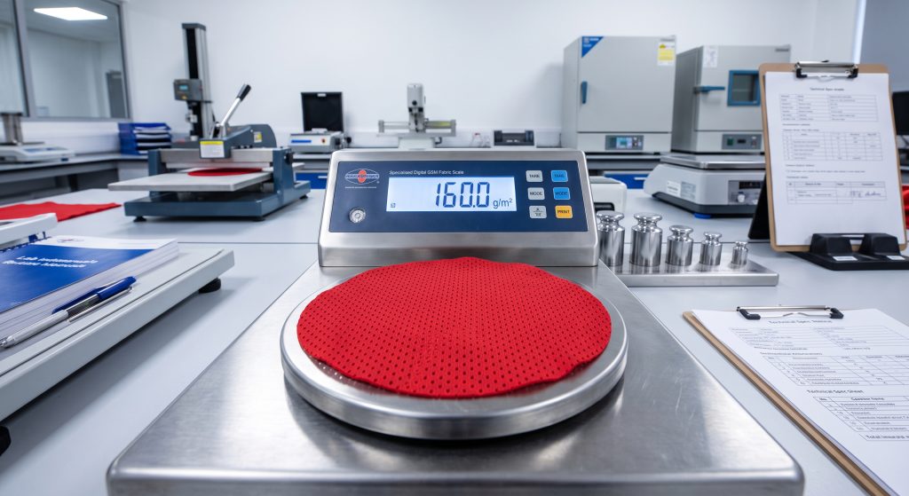 An industrial laboratory close-up showing a specialized digital scale weighing a circular sample of red mesh basketball fabric.