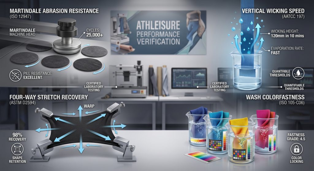 A detailed technical performance visualization illustration showing four distinct laboratory tests for knitted fabric for athleisure: Martindale abrasion resistance, vertical wicking speed with cool blue conceptual water particles climbing the weave, four-way stretch recovery with multi-directional force vectors, and wash colorfastness swatches in beakers. Integrated technical data and icons highlight performance metrics in a modern textile engineering lab setting.