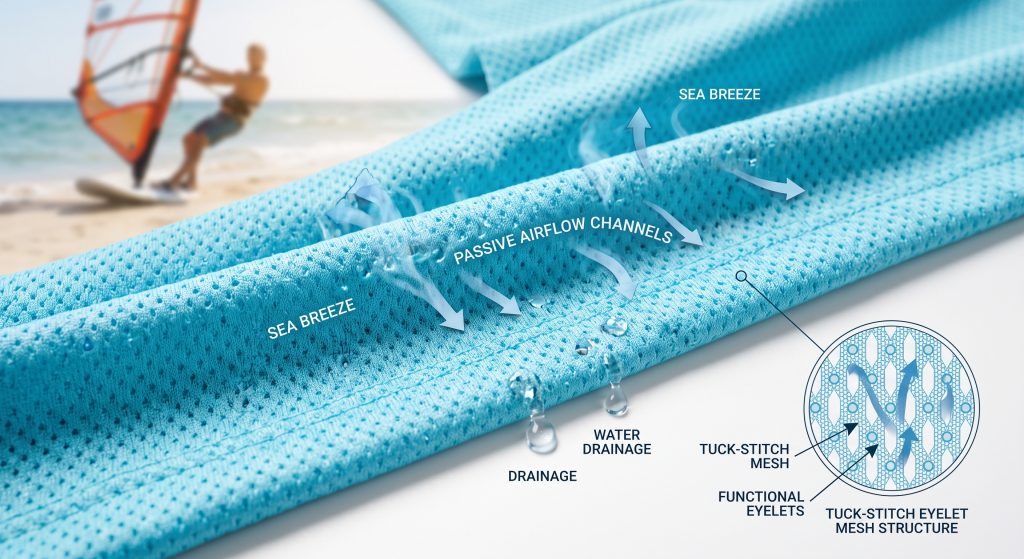 A photorealistic close-up view of athletic cyan-colored beachwear fabric showing the highly textured tuck-stitch diamond pattern of Birdseye knit, illustrating tiny breathable eyelets, passive airflow channels, water drainage, and its suitability for active watersports. Small arrows with vapor demonstrate cooling and drainage, and an educational magnified in-set diagram explains the structure.