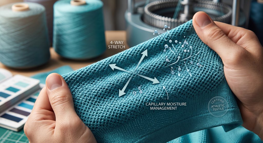 Photorealistic macro close-up of high-performance knitted custom sportswear fabric, stretched to show its multi-directional elasticity and engineered bird-eye texture in an athletic turquoise color, with subtle indicators of moisture transport and technical certification.