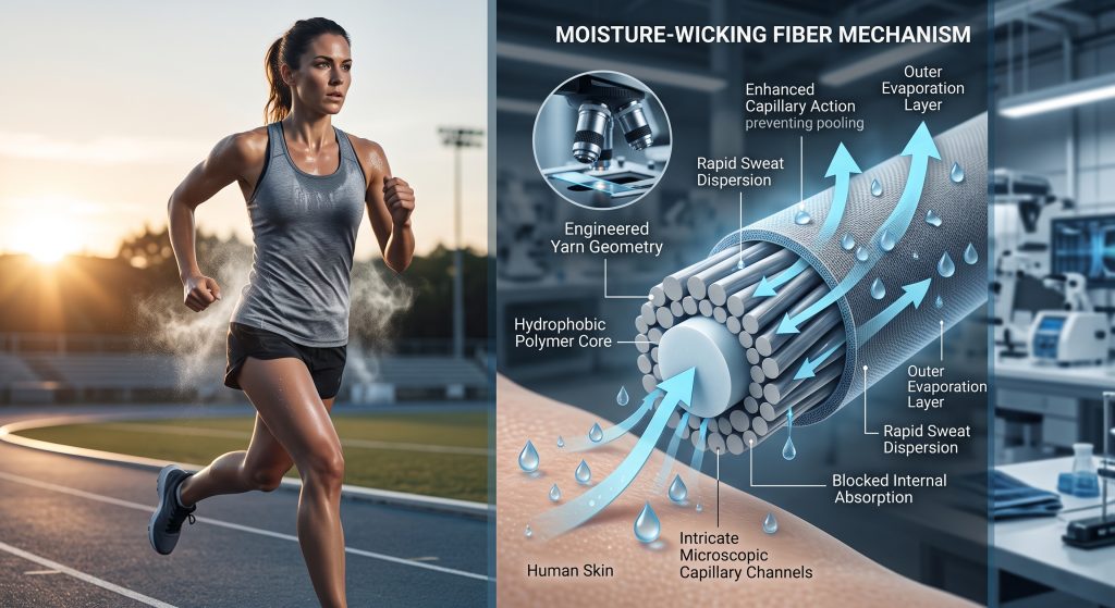 Infographic visualization illustrating how synthetic athletic fibers and micro-channels in performance fabrics pull sweat away from skin during physical exertion for rapid evaporation.