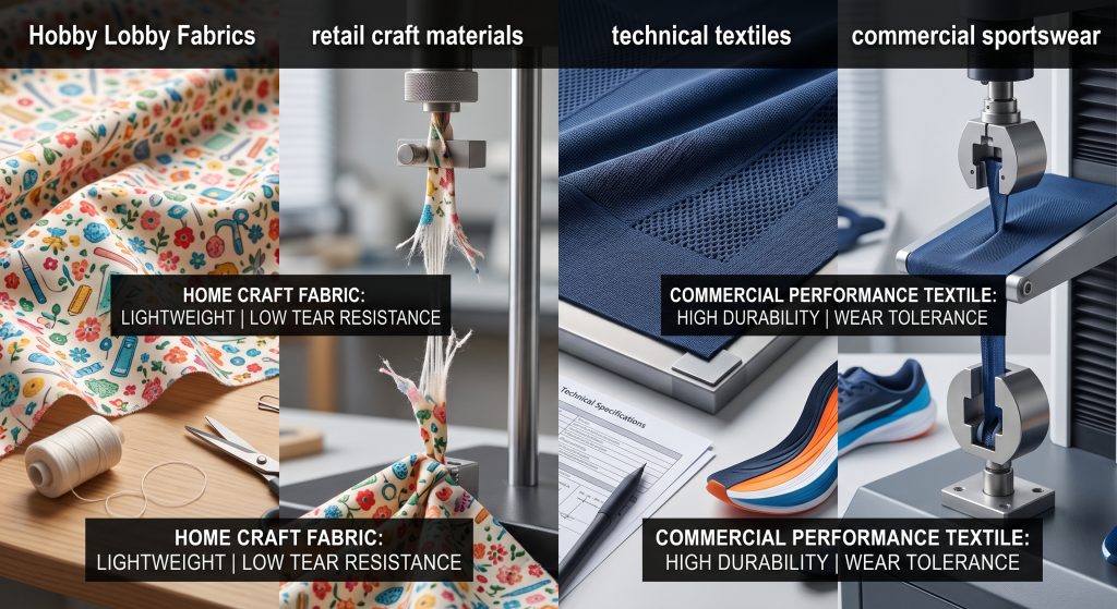 A photorealistic split-screen comparison visual. On the left, a macro texture of lightweight, colorful printed cotton craft fabric is subjected to a gentle tear test, showing high deformation and low resistance, labeled 'LIGHTWEIGHT | LOW TEAR RESISTANCE.' On the right, a macro texture of dense, engineered performance sportswear knit fabric under intense durability testing remains stable and high strength, labeled 'HIGH DURABILITY | WEAR TOLERANCE.' The contrast highlights performance versus decorative quality.