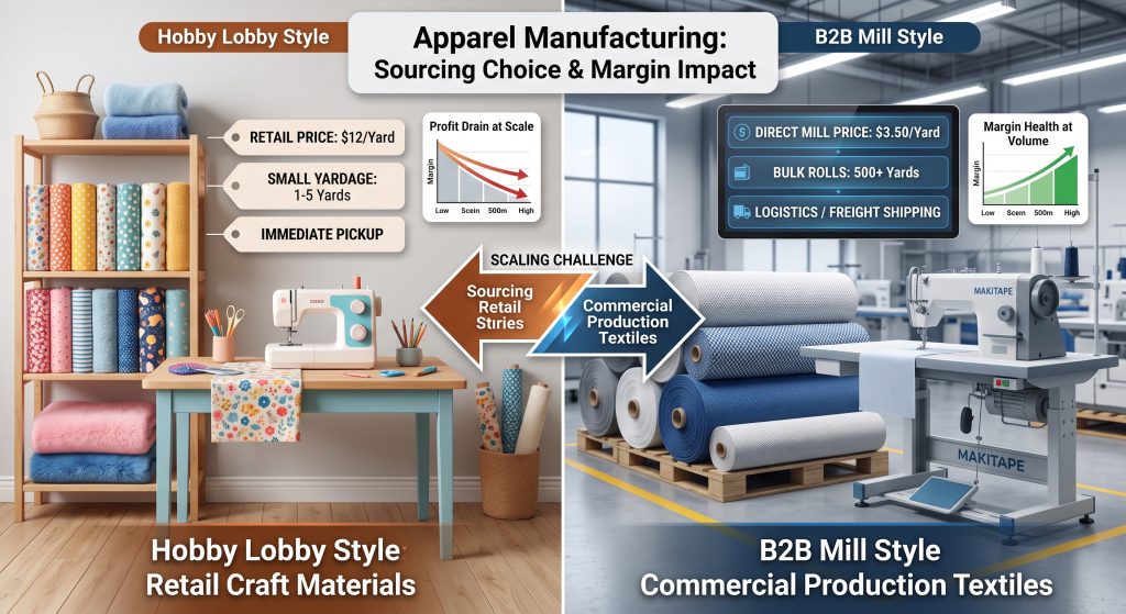 A photorealistic infographic split-screen comparison visual. On the left, a small-scale craft sewing studio representing retail fabric sourcing. Colorful, small bolts of printed cotton and fleece fabric are on antique wooden shelves with conceptual price tags reading 'RETAIL PRICE: $12/Yard.' On the right, a massive industrial apparel factory representing direct mill textile sourcing, featuring large stacks of technical textiles (like birdseye mesh and pique knit) on pallets, with price tags reading 'DIRECT MILL PRICE: $3.50/Yard.' A central infographic chart compares the models across metrics like MOQs, immediate availability, unit cost, and profit margin health as production volume scales.