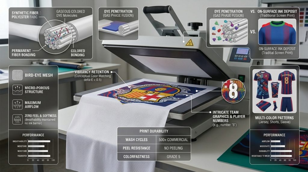 A photorealistic conceptual visual illustration comparing technical details in a sublimation printing workshop. One side shows sublimation paper with complex graphics, while the other shows a heat press with a partially printed jersey. Integrated technical diagrams and conceptual charts explain the "Permanent Fiber Bonding" and performance benefits like "Zero Feel," "No Peeling," and "Vibrancy Retention" with reference data.