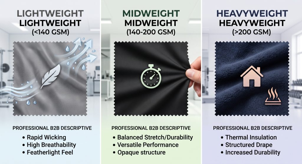A photorealistic infographic comparing three different fabric swatches for athletic shorts, illustrating the performance characteristics of lightweight (<140 GSM), midweight (140-200 GSM), and heavyweight (>200 GSM) materials in terms of breathability, durability, and thermal insulation.