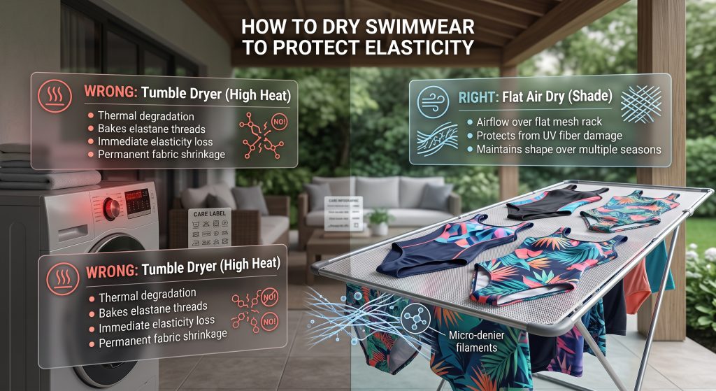 A photorealistic comparative infographic showing on the left a tumble dryer with high heat causing 'thermal degradation' and baking elastane threads in swimwear, contrasted on the right with colorful swimsuits lying flat on a mesh rack in a shaded area for 'Flat Air Dry (Shade)' to protect fibers, prevent permanent shrinkage, and maintain shape over multiple seasons.