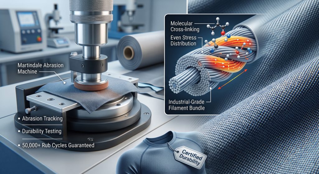 A composite visualization illustrating the science of durable athletic fabric types. It shows an close-up of a strong nylon weave. Insets include a micro-level diagram of high-tenacity yarn filament bundles with molecular cross-linking and heat maps for stress distribution, and a Martindale abrasion machine testing a sample, with labels like "Molecular Cross-linking" and "Martindale Tested 50,000+ Cycles," guaranteeing long-term resilience.