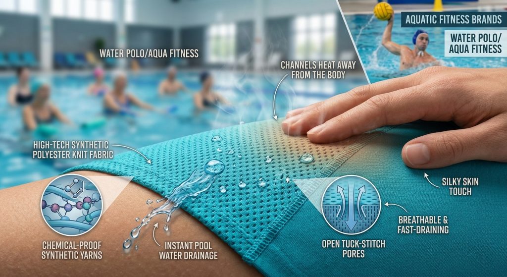 Macro close-up visualization of turquoise bird-eye mesh chlorine resistant fabric in an indoor pool environment. Subtle conceptual graphical overlays show chemical-proof synthetic yarns and open tuck-stitch pores beading water droplets that actively stream away, illustrative of instant pool water drainage, breathability, and rapid drying for aquatic fitness and water polo. Water vapor subtle callout indicates heat channeled away from skin. Athlete feels the silky texture, emphasizing comfort, with blurred swimmers and water polo players contextual background, no brand logos.