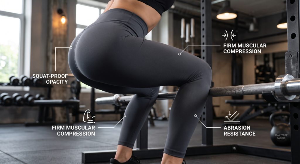 A dynamic photograph captures a deep squat in a high-end gym, demonstrating the squat-proof opacity, firm muscular compression, and abrasion resistance of high-density nylon spandex interlock leggings interacting with a knurled barbell.