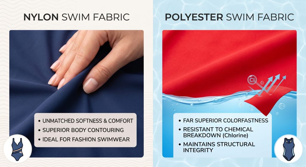 A comparison infographic highlighting the unmatched softness and body contouring of Nylon swimmers fabric versus the superior colorfastness and chemical resistance of Polyester swim material.