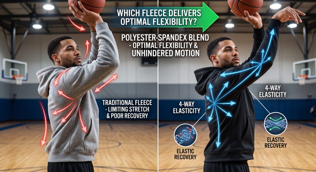 A dynamic photorealistic image comparing a basketball player using traditional fleece versus a polyester-spandex blend fleece. The left side shows restrictive fabric during a shot, and the right side shows optimal four-way flexibility and elastic recovery, with glowing vector lines illustrating unhindered movement.