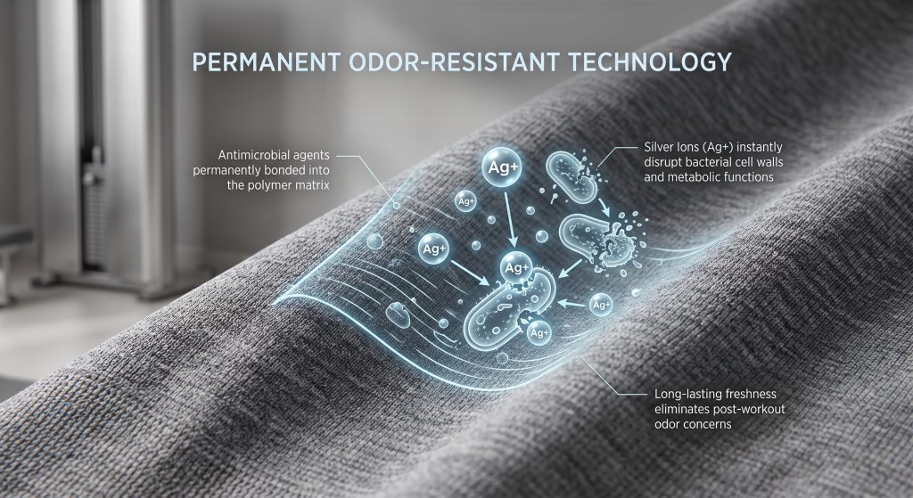 An infographic diagram superimposed on technical gray athletic fabric showing silver ions neutralizing odor-causing bacteria by disrupting cell walls, highlighting a permanent antimicrobial polymer infusion.