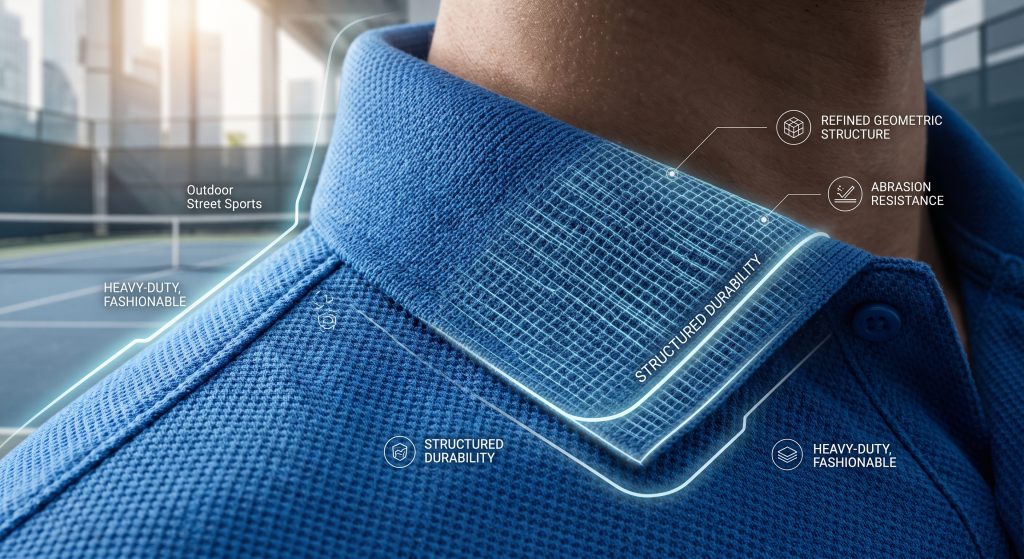 A macro, high-resolution close-up photograph illustrating the intricate blue Pique knit geometric waffle pattern of a polo shirt collar. Translucent technical diagrams and annotations are digitally superimposed over the texture, pointing to features like 'STRUCTURED DURABILITY,' 'REFINED GEOMETRIC STRUCTURE,' and 'ABRASION RESISTANCE' against a blurred background of an outdoor sports court, visualizing why Pique is superior for premium activewear.