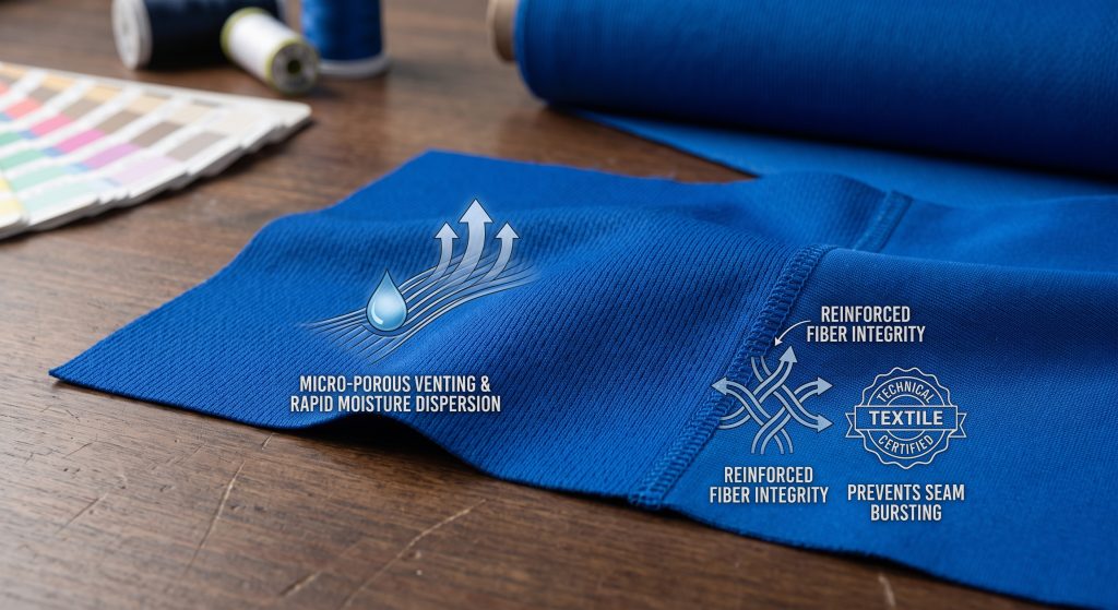 A detailed macro photograph of royal blue polyester basketball jersey fabric with finely engineered micro-rib knit texture. Conceptual graphic overlays explain 'MICRO-POROUS VENTING & RAPID MOISTURE DISPERSION' and a technical certification for seam strength in a sportswear design studio.