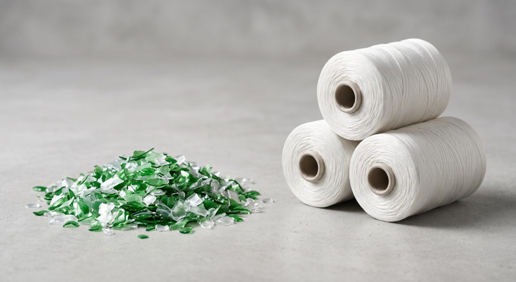 A photorealistic studio shot comparing a scattered pile of green and clear recycled PET plastic flakes next to industrial spools of tightly wound white recycled polyester yarn on a neutral gray surface.
