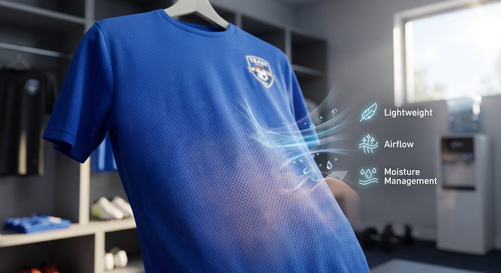 A detailed close-up photograph of a professional team jersey made from specialized birdseye mesh fabric. The focus highlights the tiny, regular woven pinholes ("micro-vents") in the lightweight royal blue material. Transparent graphic overlays visualize air flowing through the mesh holes and moisture droplets being drawn up away from the skin toward the surface for evaporation, illustrating the fabric's technical features for breathability and cooling, suitable for B2B product showcase and sportswear manufacturing.